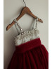 Beaded Gray Satin Burgundy Tulle Stunning Flower Girl Dress